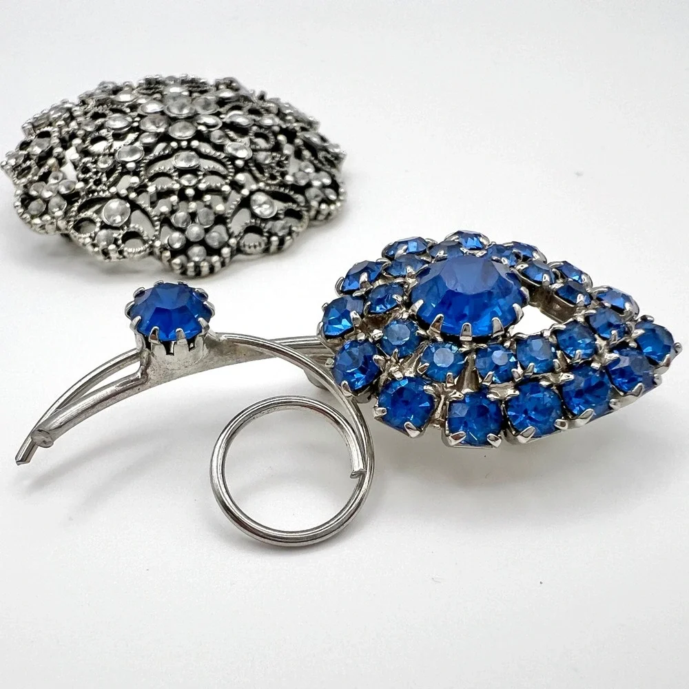 2pc Vintage Silver Tone Rhinestone Brooch Lot‎ Blue Cobalt Clear Filigree Pins